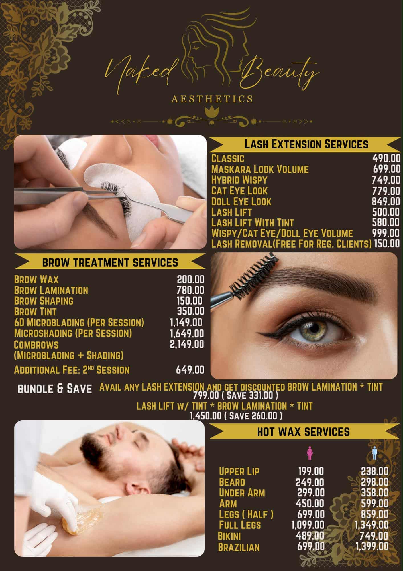 BROW TREATMENT SERVICES, LASH EXTENSION SERVICES, HOT WAX SERVICES