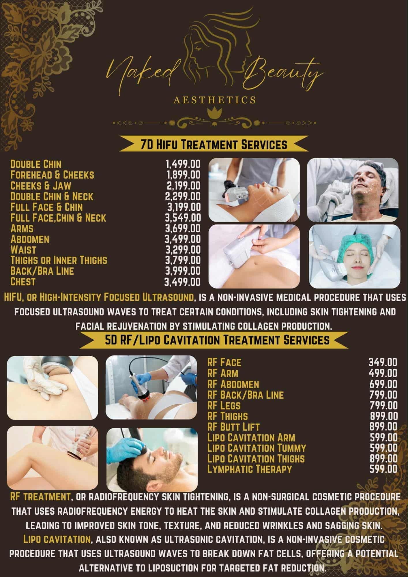 7D HIFU TREATMENT SERVICES, 5D RF/LIPO CAVITATION TREATMENT SERVICES